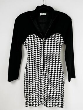Vintage 70s Algo-Ettes Stretchy Knit Houndstooth Bodycon Mini Dress XS